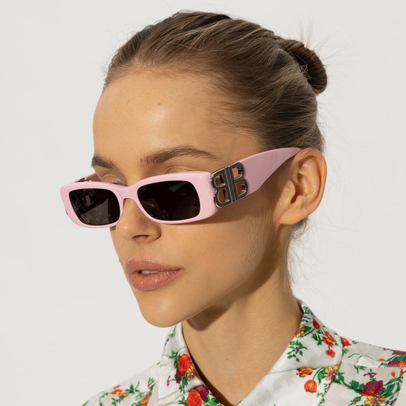 NEW Balenciaga BB0096S 012 Pink Silver Logo Grey Rectangle Unisex Sunglasses - Picture 1 of 12
